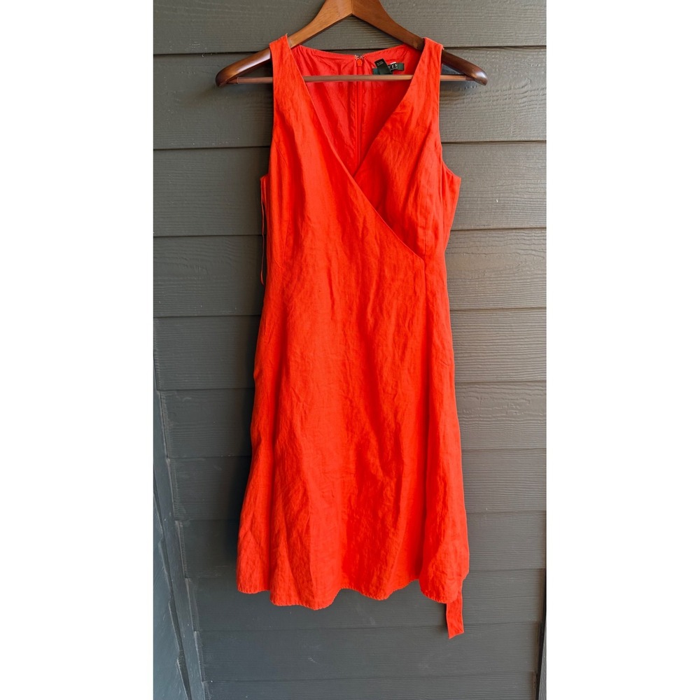 Lauren Ralph Lauren 100% Linen Wrap Look Tie Waist Dress Orange Size 6 - Picture 6 of 10